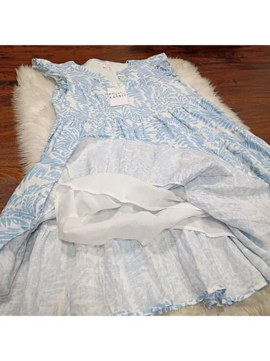 Roller Rabbit Mini Dress Women's Blue White Floral Print Linen Ruffle Sleeve - Picture 5 of 10